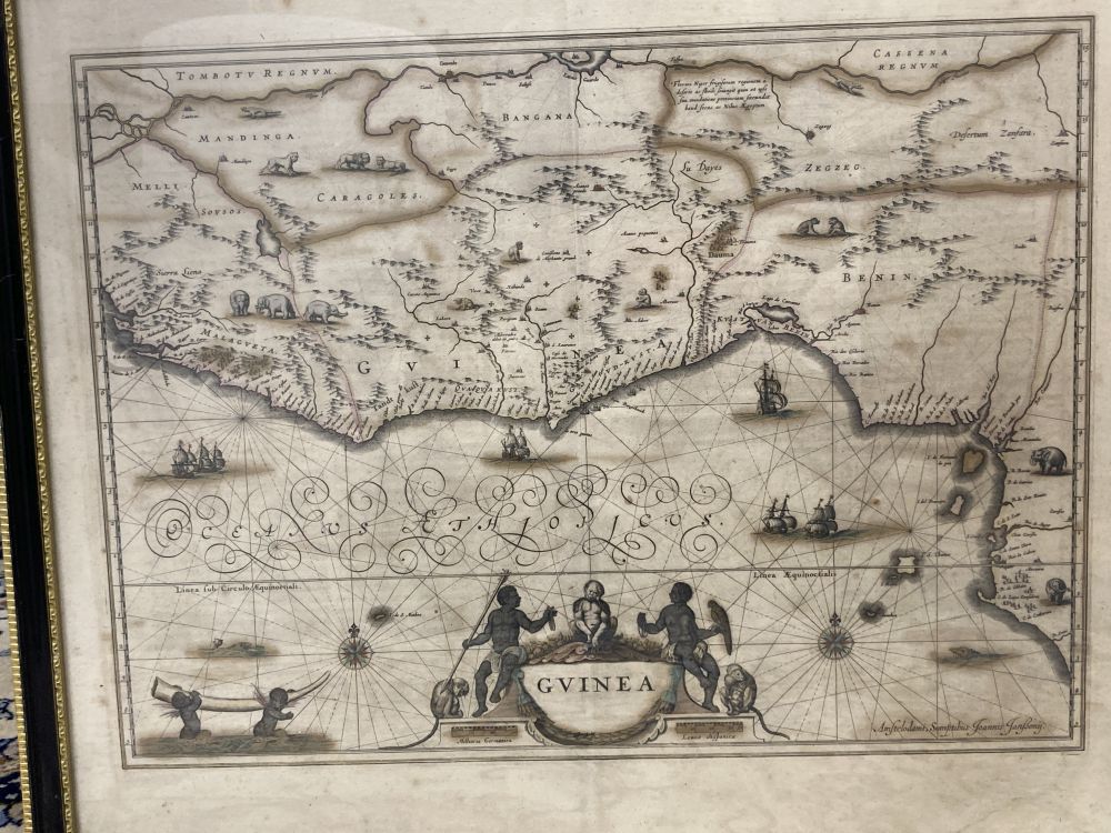 Joannis Jansson, coloured engraving, Map of Guinea, Latin script verso, overall 48 x 57cm